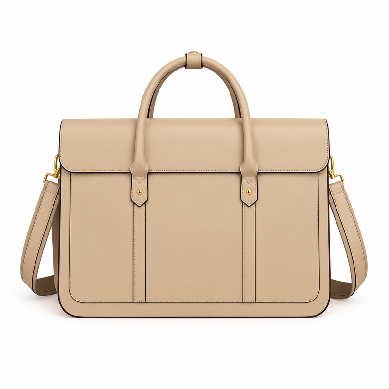 Beige Leather Laptop Bag With Bow-2