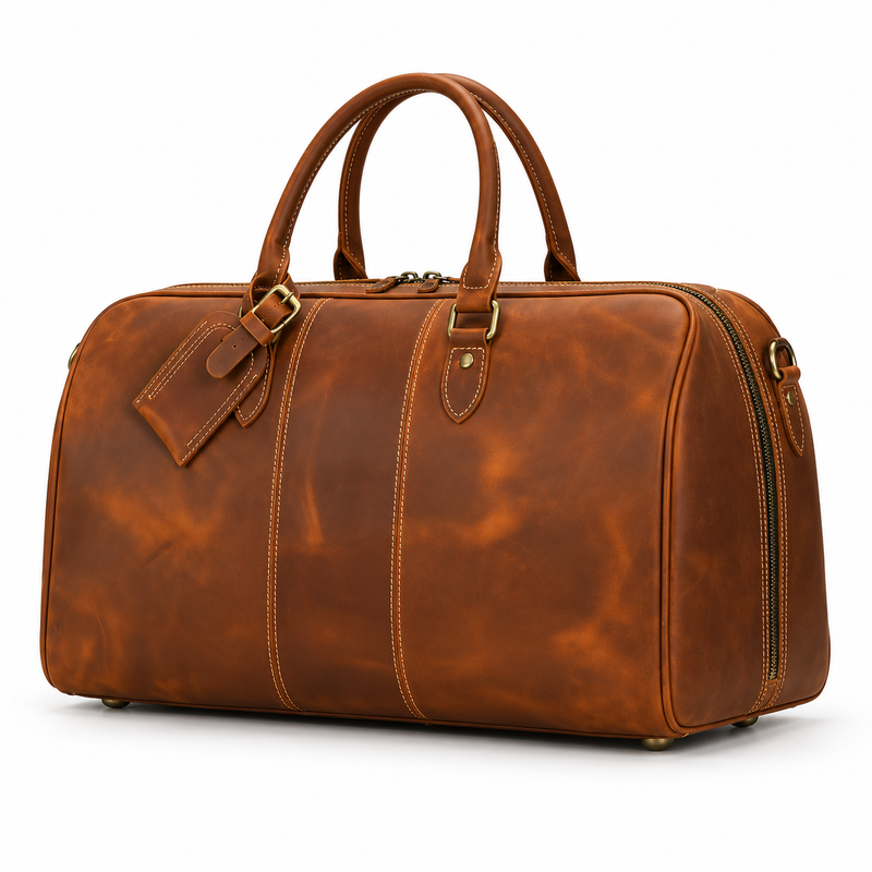 Classic Cognac Leather Travel Duffel Bag-3