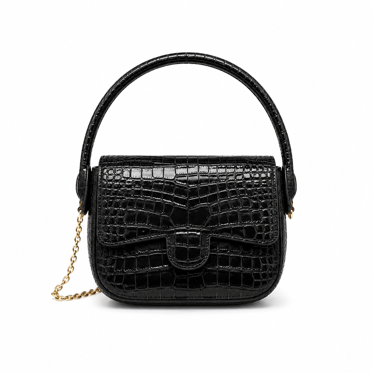 Black Crocodile-Embossed Top Handle Handbag-2
