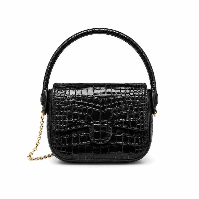 Black Crocodile-Embossed Top Handle Handbag-2