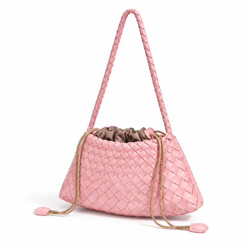 Pink Woven Shoulder Bag With Drawstring-3