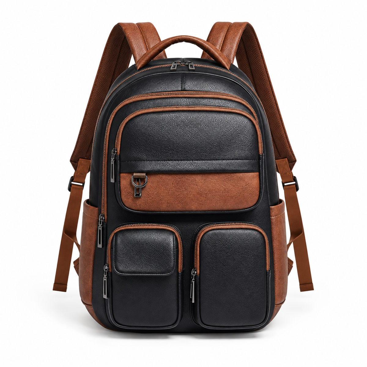Black Brown Vegan Leather Travel Backpack-4