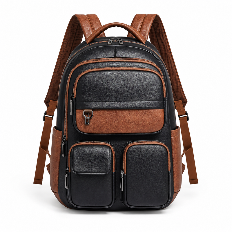 Black Brown Vegan Leather Travel Backpack-4
