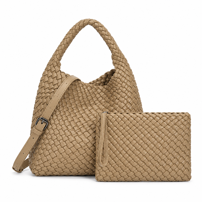 Khaki Woven Hobo Bag With Pouch-4