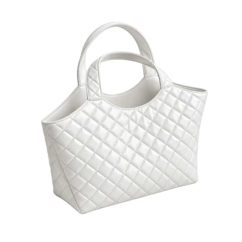White Quilted Vegan Leather Tote Bag-1
