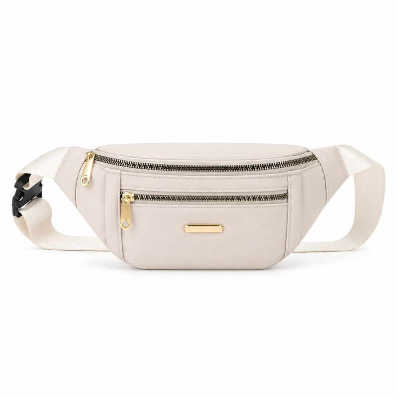 Elegant Cream Waist Bag With Zippers-3