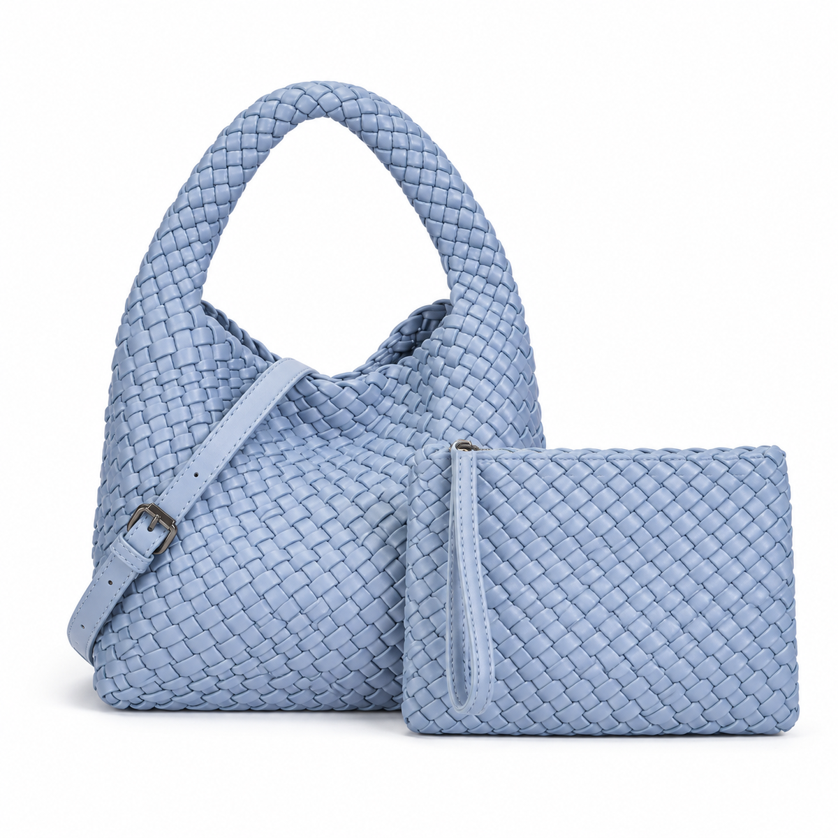 Powder Blue Woven Handbag Pouch Set-4
