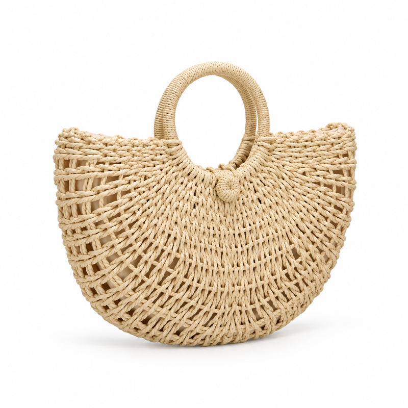 Natural Woven Raffia Half Moon Handbag-1