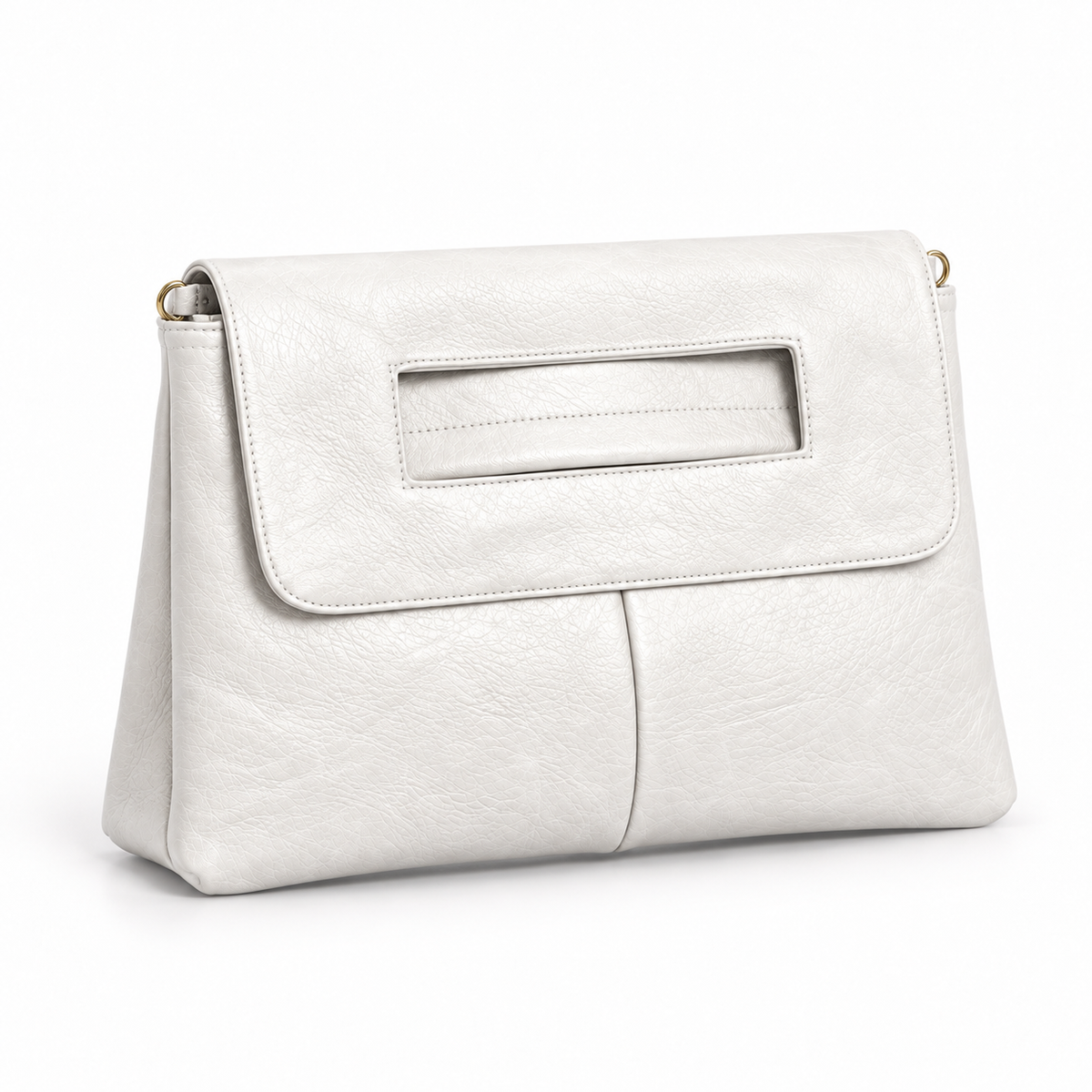 White Textured Leather Cutout Handle Clutch Bag-1