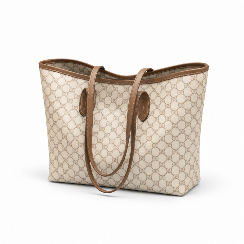 Beige Monogram Brown Trim Tote Bag-3