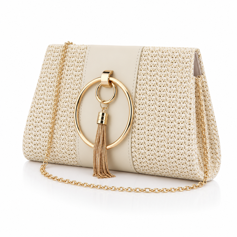 Ivory Woven Gold Tassel Shoulder Bag-3