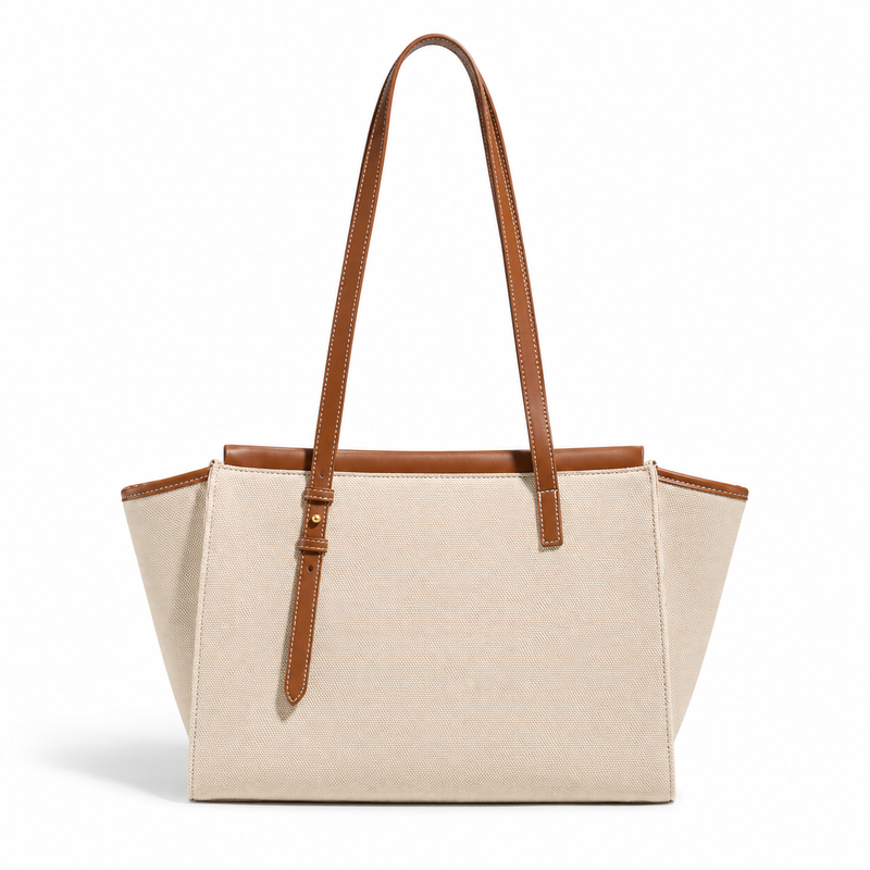 Cream Canvas Tote With Cognac Leather-2