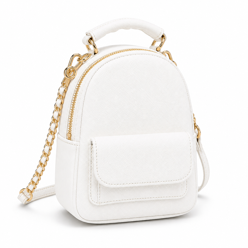 White Textured Mini Backpack Handbag with Gold Chain Detail-4