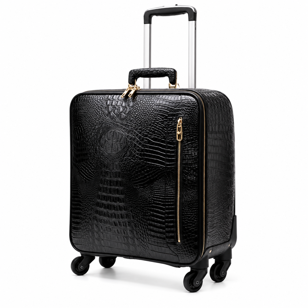 Black Crocodile Textured Rolling Travel Suitcase-3