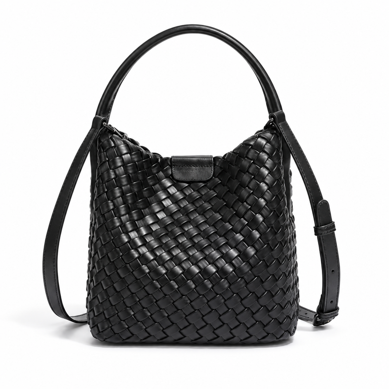 Elegant Black Woven Bucket Shoulder Bag-4