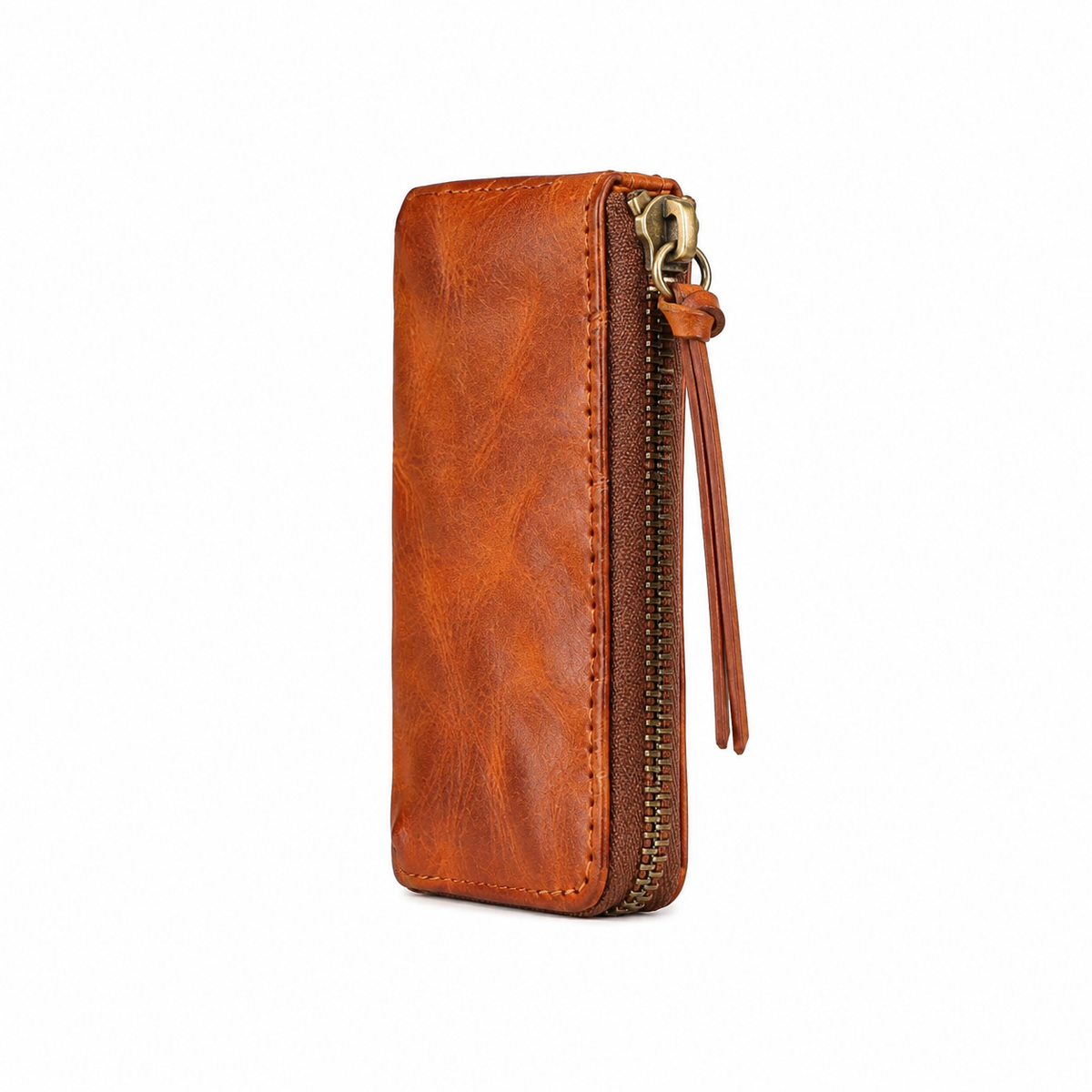 Vintage Brown Leather Zip-Around Wristlet Wallet-2