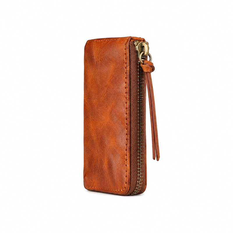 Vintage Brown Leather Zip-Around Wristlet Wallet-2