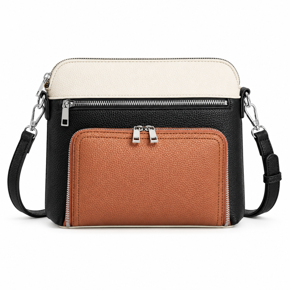 Black Cream Brown Textured Crossbody Bag-4