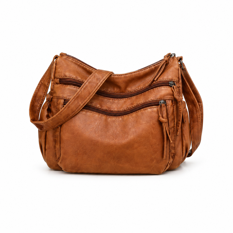 Vintage Cognac Multi-Zip Shoulder Crossbody Bag-4