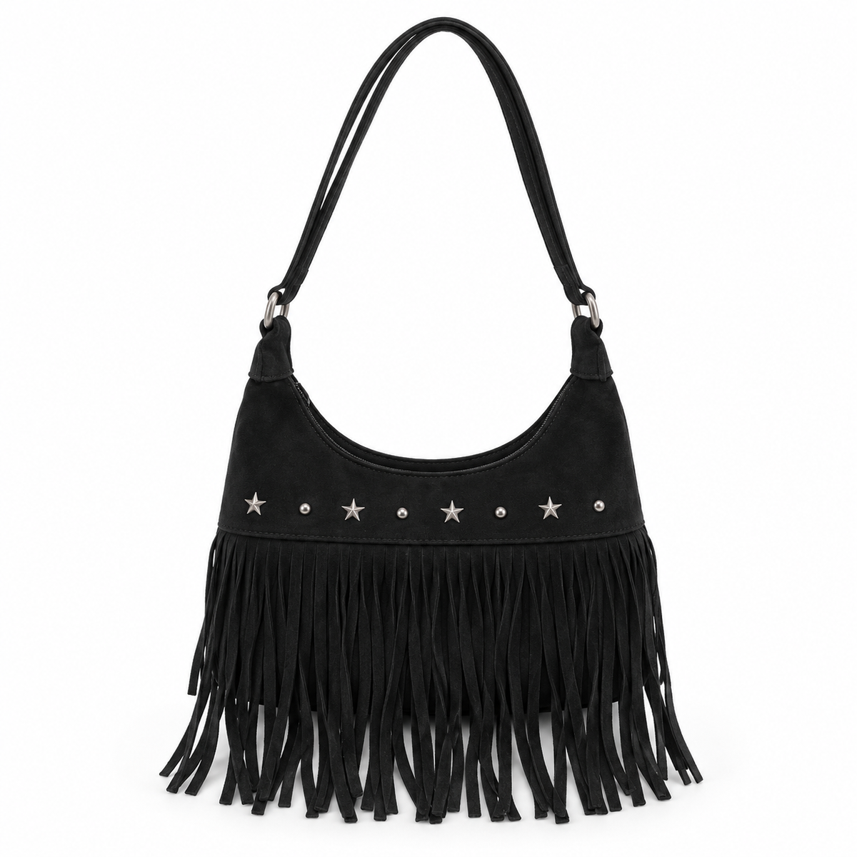 Vintage Black Star Studded Fringe Shoulder Bag-4