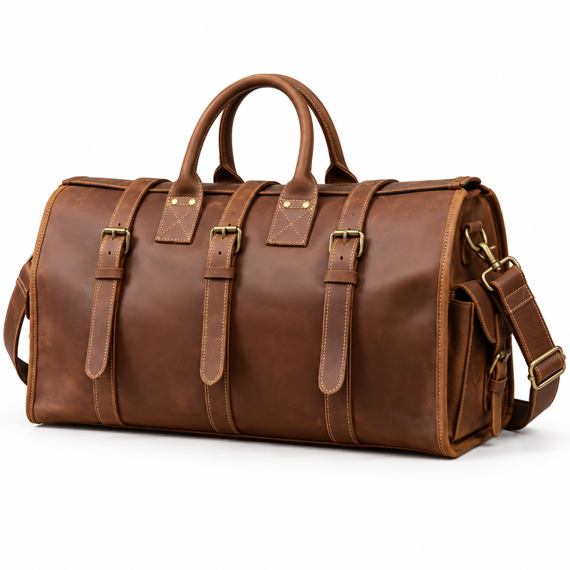 Vintage Brown Buckled Overnight Duffel Bag-2