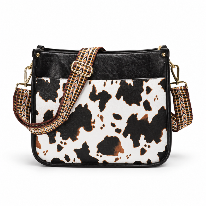 Black Cow Print Adjustable Crossbody Bag-4