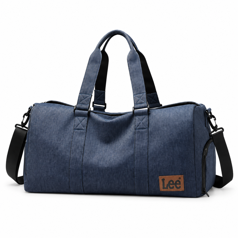 Classic Blue Leather Travel Duffel Bag-3