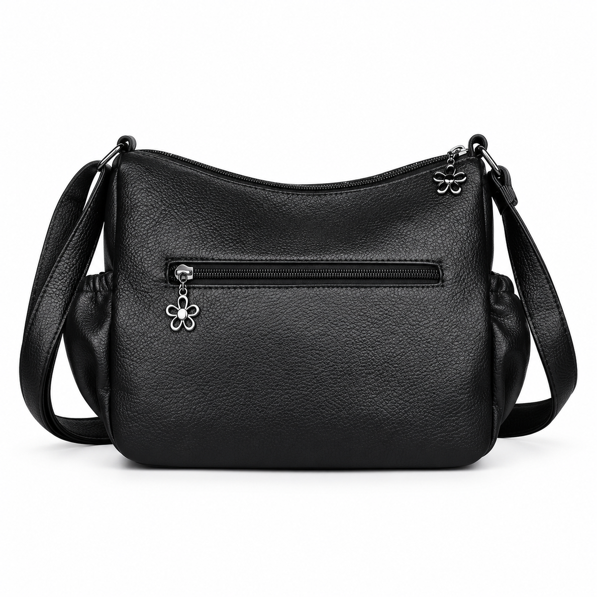 Black Textured Satchel Bag With Pockets-2