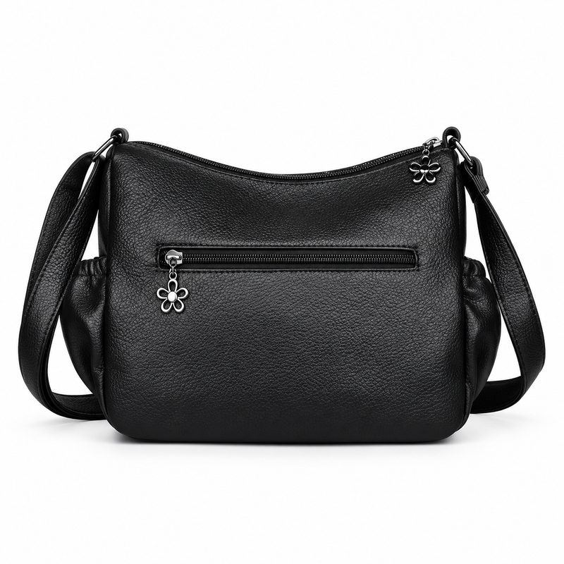 Black Textured Satchel Bag With Pockets-2
