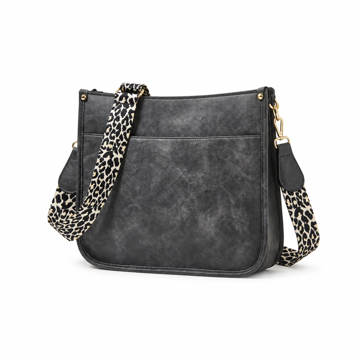 Charcoal Crossbody Bag With Leopard Strap-3