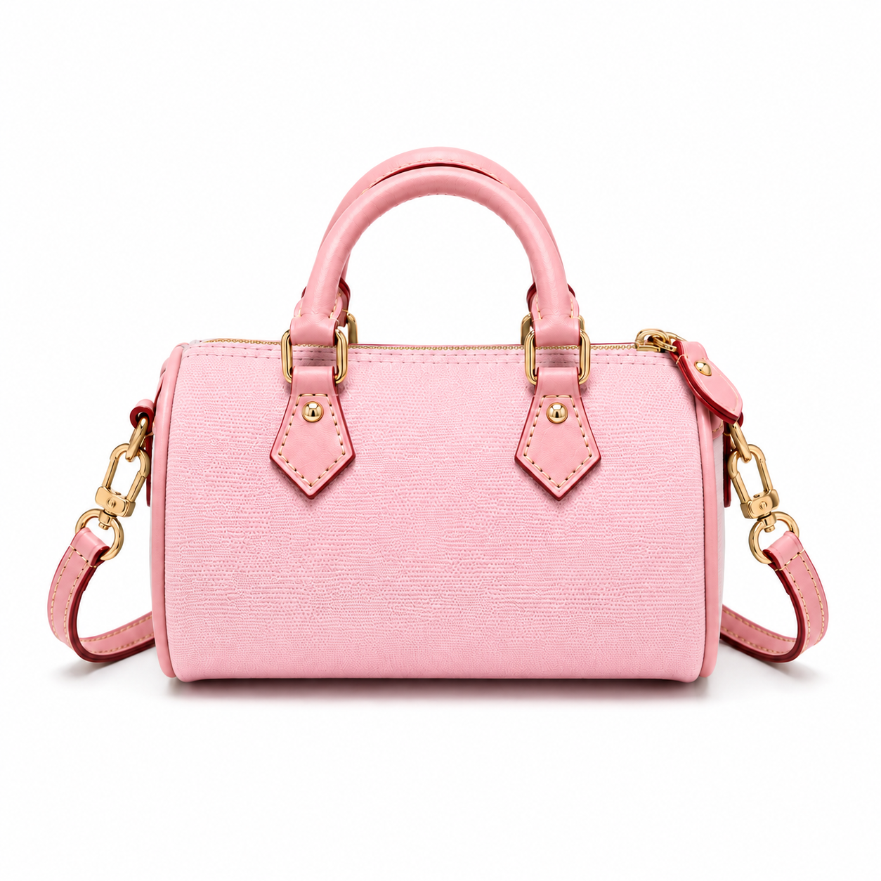 Pastel Pink Textured Mini Boston Handbag with Detachable Shoulder Strap-1