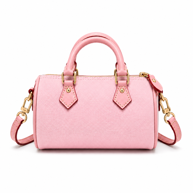 Pastel Pink Textured Mini Boston Handbag with Detachable Shoulder Strap-1