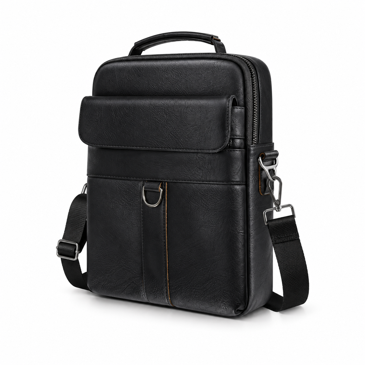 Black Leather Laptop Bag With Strap-3