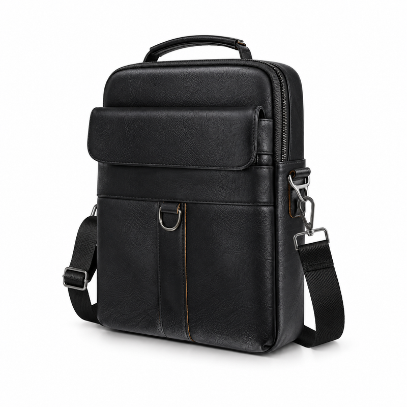 Black Leather Laptop Bag With Strap-3
