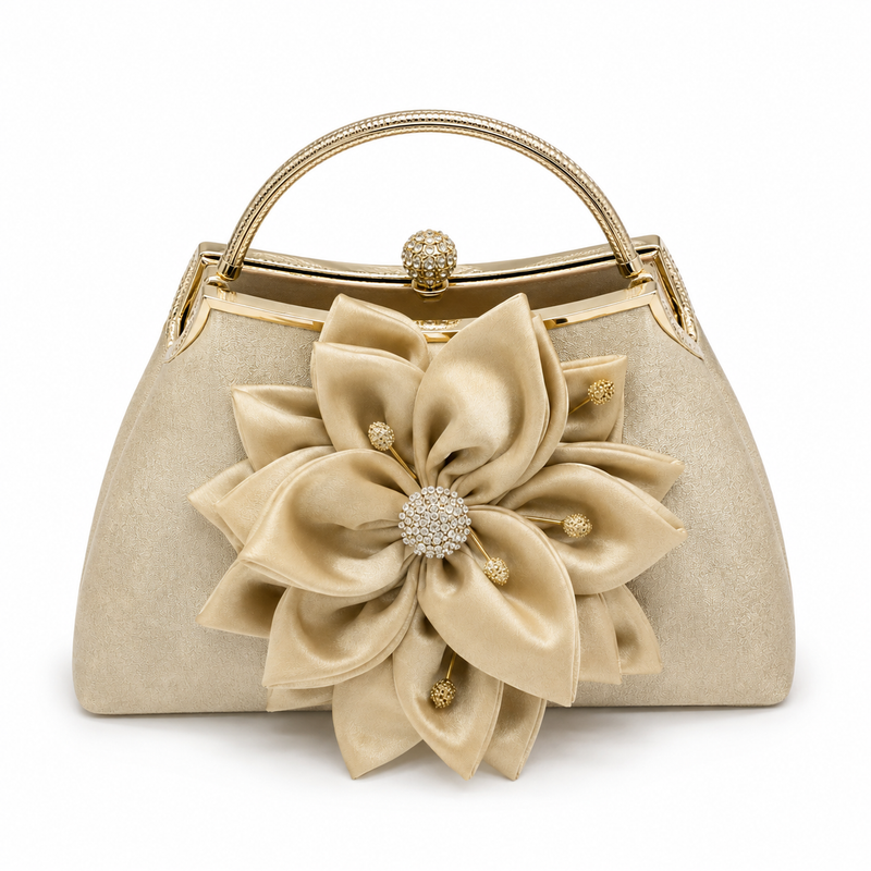 Elegant Champagne Floral Evening Handbag with Rhinestone Clasp-4