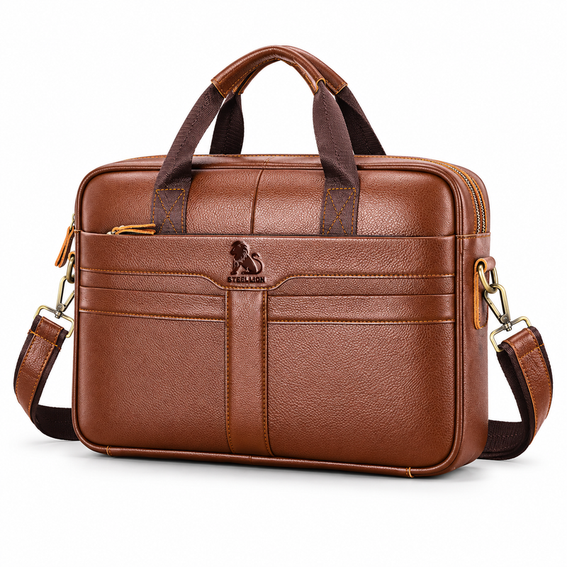 Classic Cognac Leather Briefcase Shoulder Bag-2