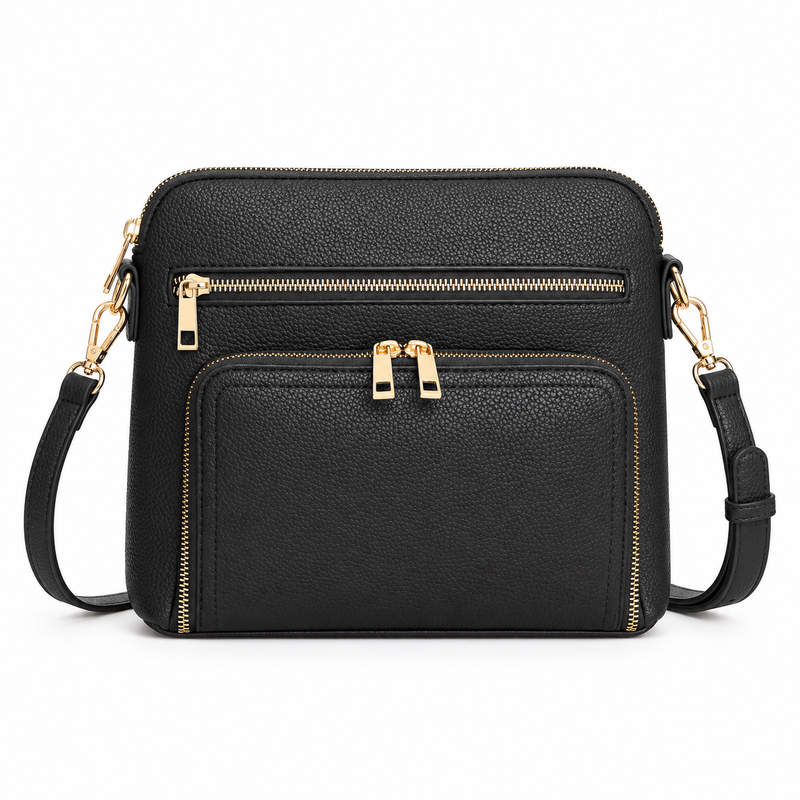 Classic Black Textured Zip Crossbody Bag-4