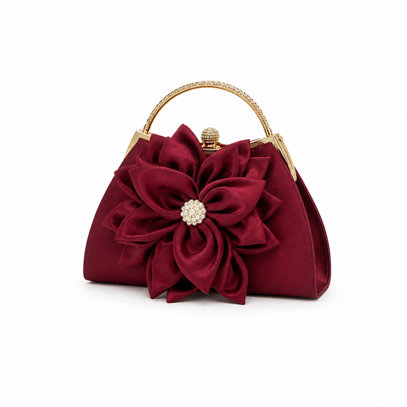 Burgundy Floral Clutch with Pearl Embellishment-3
