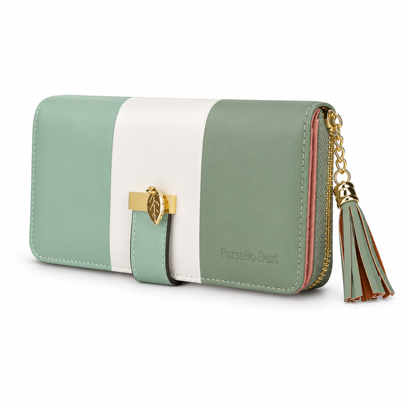 Mint Green Colorblock Wallet With Tassel-3