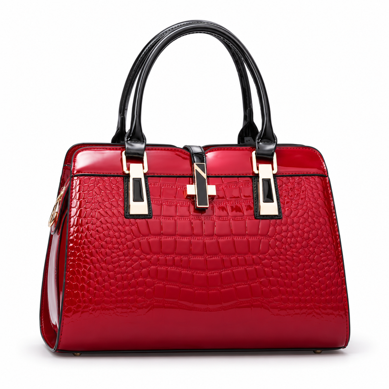 Glossy Red Crocodile Embossed Handle Handbag-4