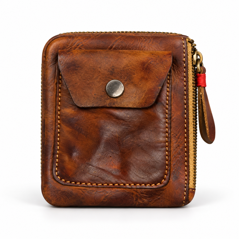 Vintage Brown Zipper Pouch With Pocket-4