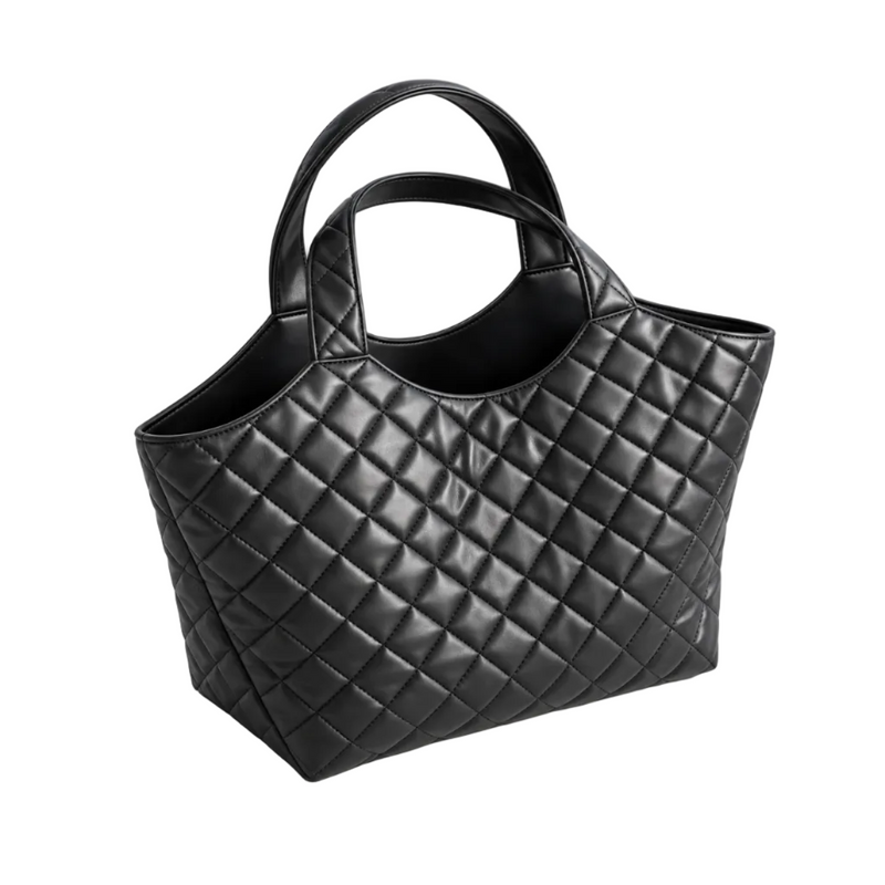 Black Quilted Vegan Leather Tote Bag-1