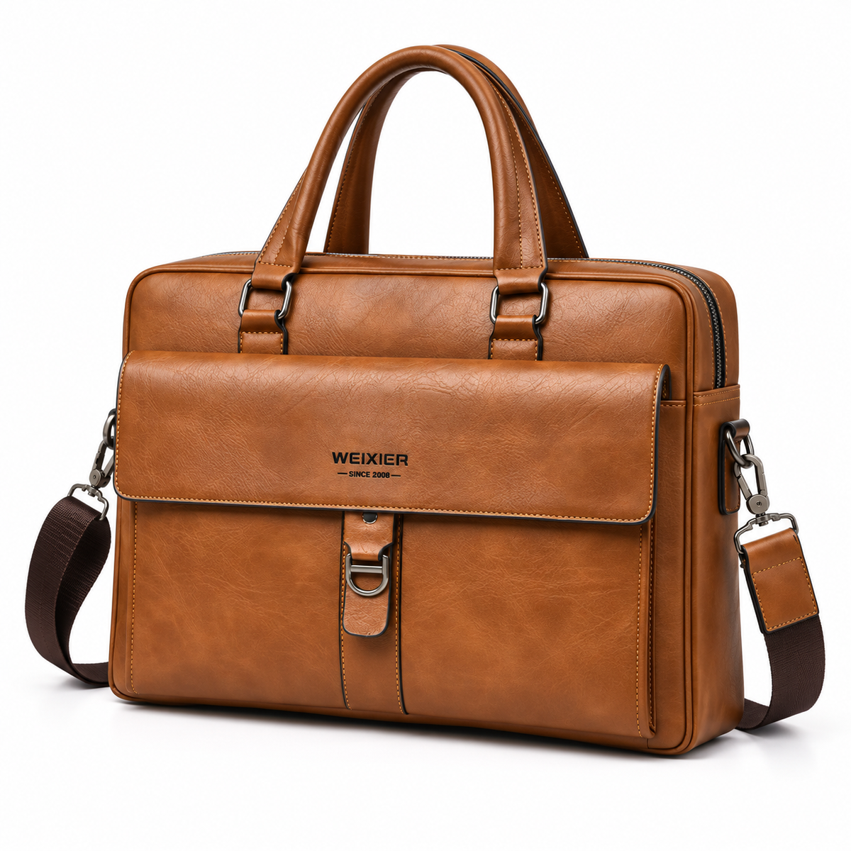 Classic Cognac Leather Briefcase Shoulder Bag