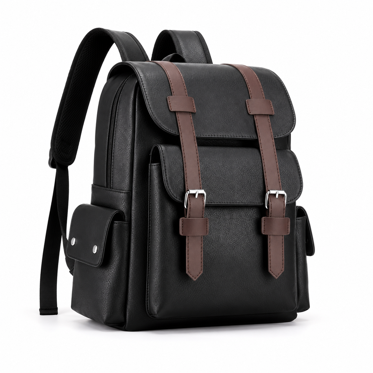 Black Vintage Backpack With Brown Straps-1