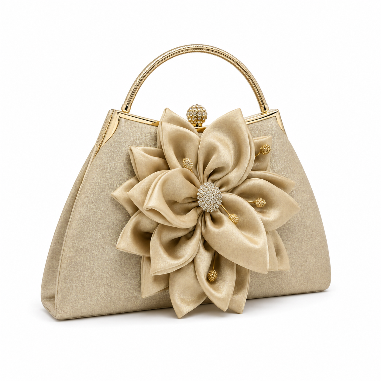 Elegant Champagne Floral Evening Handbag with Rhinestone Clasp-3