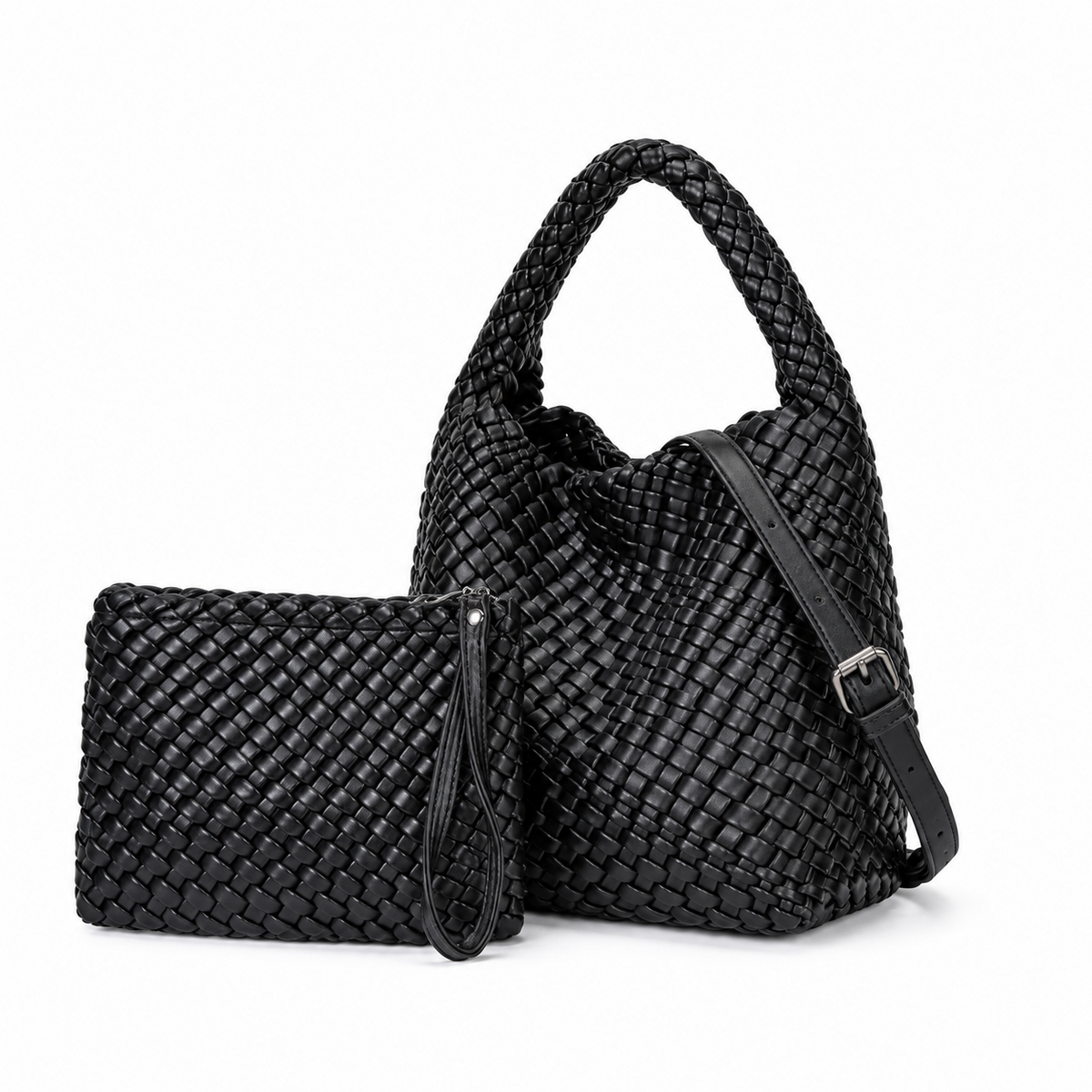 Black Woven Hobo Bag With Pouch-3