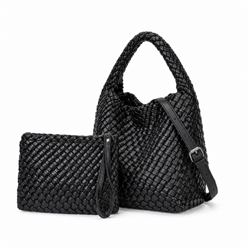 Black Woven Hobo Bag With Pouch-3
