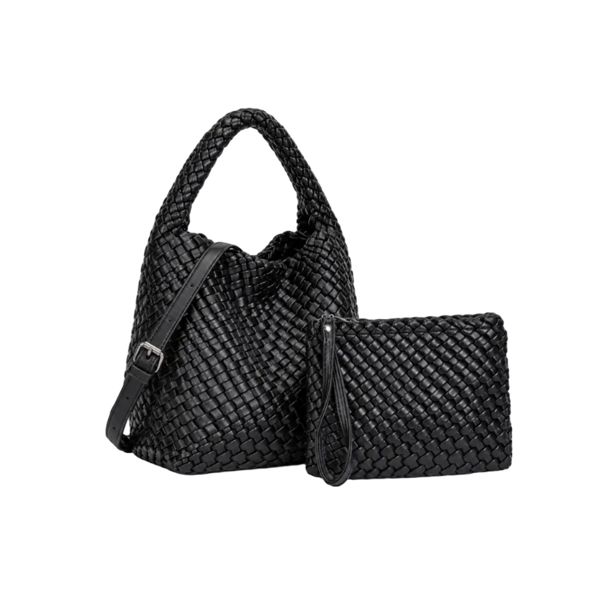 Black Woven Hobo Bag With Pouch-1