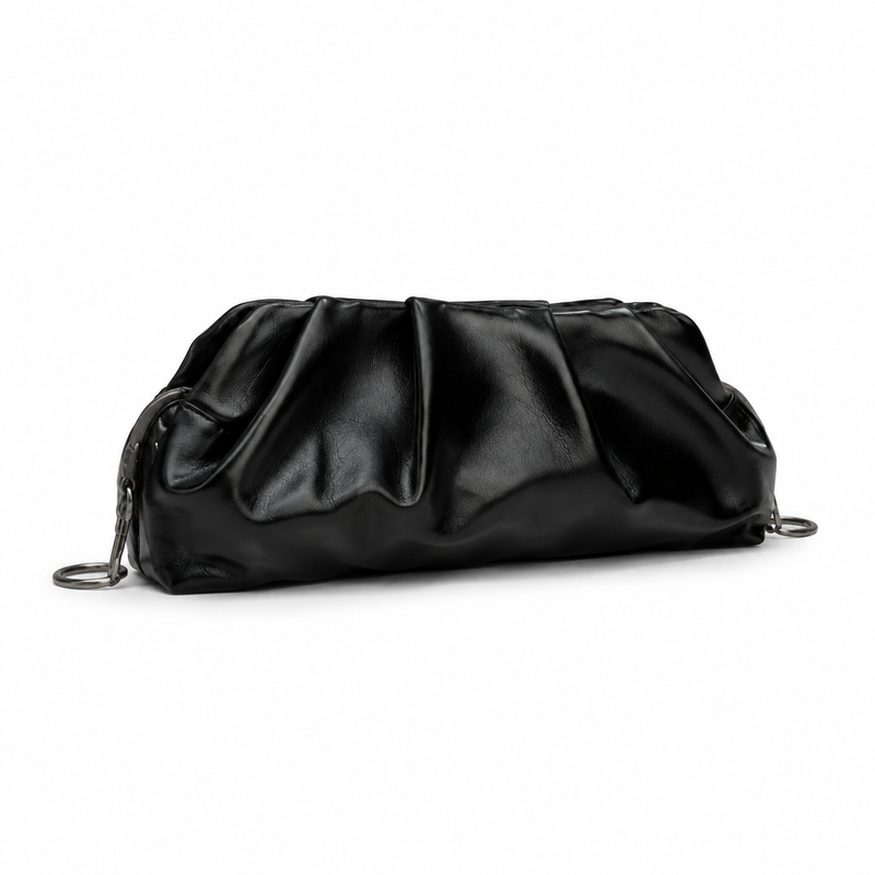 Black Ruched Leather-Style Clutch Bag-1