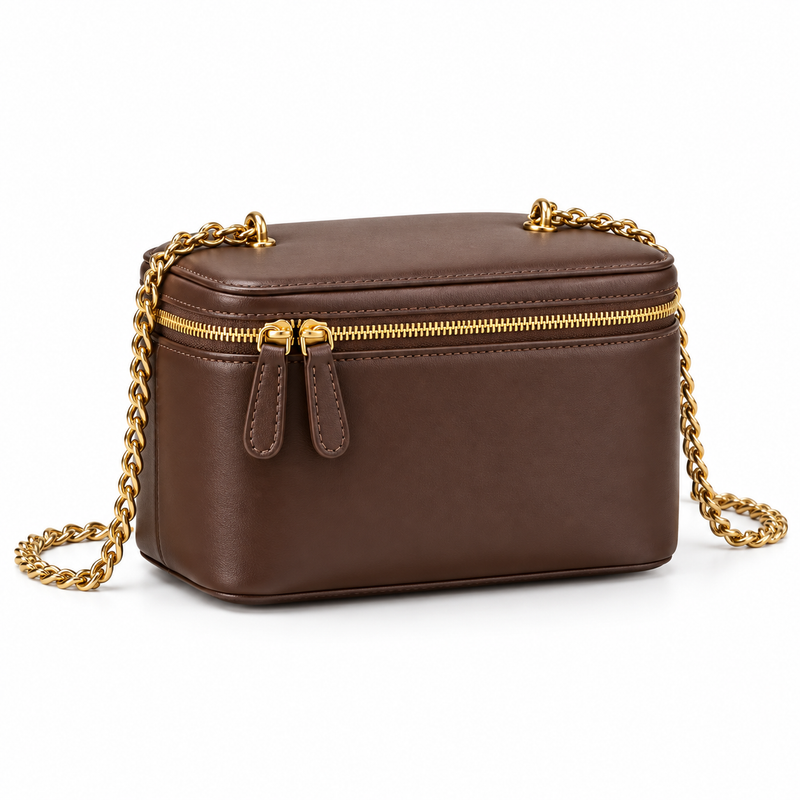 Chocolate Vegan Leather Chain Vanity Bag-1